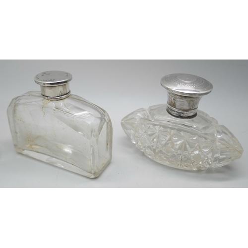 7288 - Two silver mounted Art Deco scent bottles, Birmingham 1929 and London 1923, one other scent bottle a... 