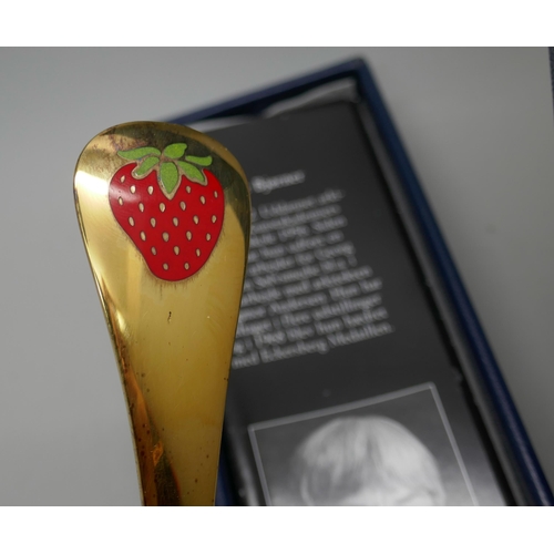 7291 - A Georg Jensen 2001 silver gilt spoon, strawberry,  Coloplast 10 Years, boxed