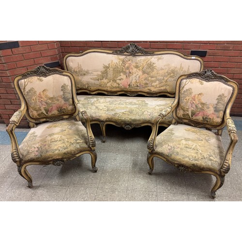 185 - A 19th Century French Louis XV style cream, parcel gilt and tapestry upholstered three piece salon s... 