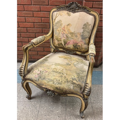 185 - A 19th Century French Louis XV style cream, parcel gilt and tapestry upholstered three piece salon s... 