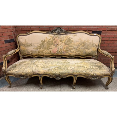 185 - A 19th Century French Louis XV style cream, parcel gilt and tapestry upholstered three piece salon s... 