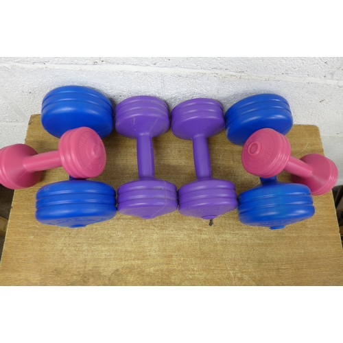 5252 - A box of plastic coated York Dumbbell weights including two 3kg weights, two 5kg weights and two 1.5... 