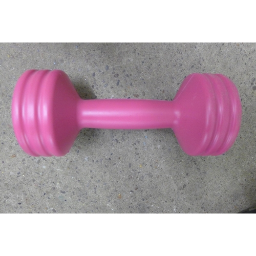 5252 - A box of plastic coated York Dumbbell weights including two 3kg weights, two 5kg weights and two 1.5... 