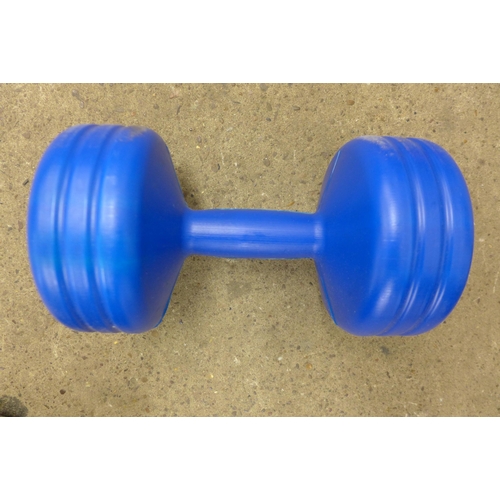 5252 - A box of plastic coated York Dumbbell weights including two 3kg weights, two 5kg weights and two 1.5... 