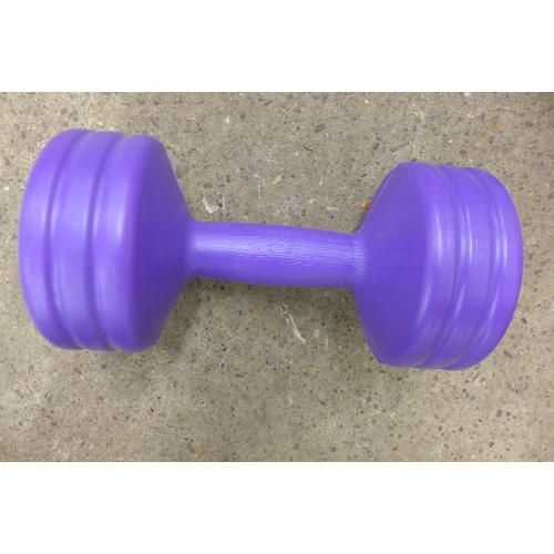 5252 - A box of plastic coated York Dumbbell weights including two 3kg weights, two 5kg weights and two 1.5... 