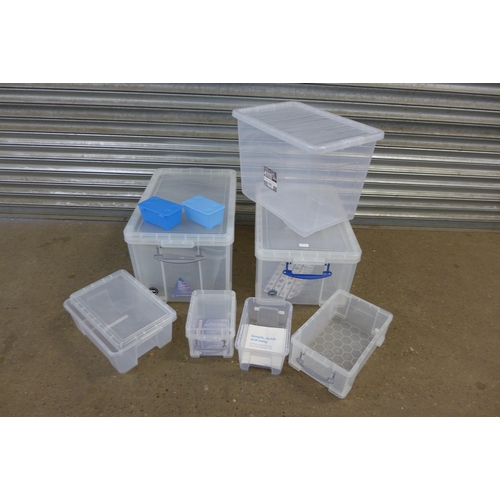 5260 - A collection of plastic storage boxes including 64L Really Useful Box, 84L Really Useful Box, variou... 