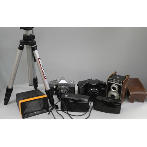 2107 - Five cameras, (one medium format Halini-Prefect) a collection of viewers and tripods