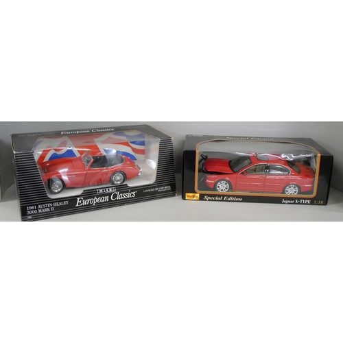 2154 - Two 1/18th scale model vehicles, Maisto Jaguar X-Type and Ertl 1961 Austin Healy, both boxed