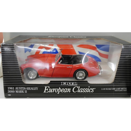 2154 - Two 1/18th scale model vehicles, Maisto Jaguar X-Type and Ertl 1961 Austin Healy, both boxed