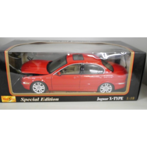 2154 - Two 1/18th scale model vehicles, Maisto Jaguar X-Type and Ertl 1961 Austin Healy, both boxed