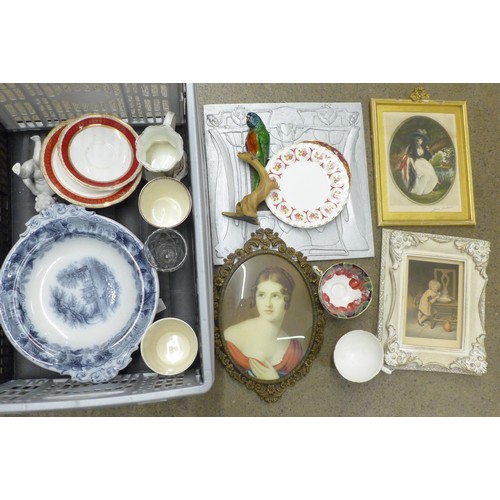 2307 - A pedestal dish depicting Newstead Abbey, three prints, three Royal Commemorative mugs including Vic... 