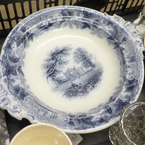 2307 - A pedestal dish depicting Newstead Abbey, three prints, three Royal Commemorative mugs including Vic... 