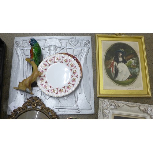 2307 - A pedestal dish depicting Newstead Abbey, three prints, three Royal Commemorative mugs including Vic... 