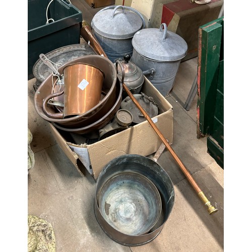 362 - Assorted metalware, including a copper and brass hunting horn, two galvanized buckets, etc.