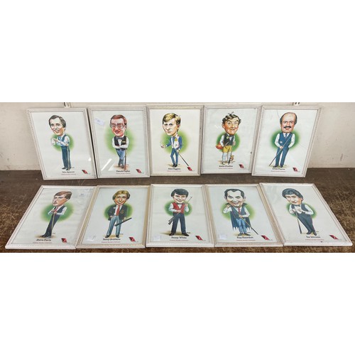 455 - A set of ten Embassy Snooker celebrity caricature prints, including Jimmy White and Steve Davis, fra... 