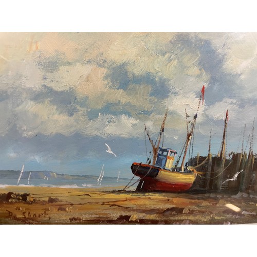 456 - Two Nottingham scene watercolours and a seaside scene, oil on board