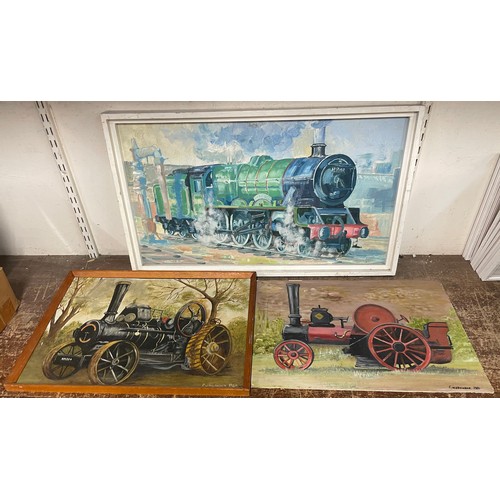 459 - Three steam engine related oils on board, framed