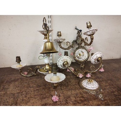 418 - Two Italian gilt metal and porcelain wall sconces and matching ceiling light