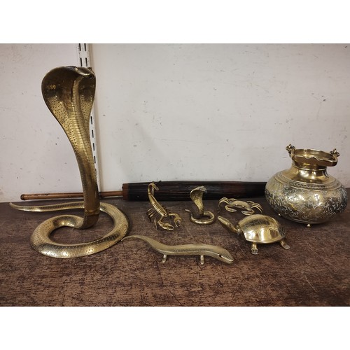 419 - A collection of brass items, including two cobras, a pot, tortoise, crab, scorpion and lizard and a ... 