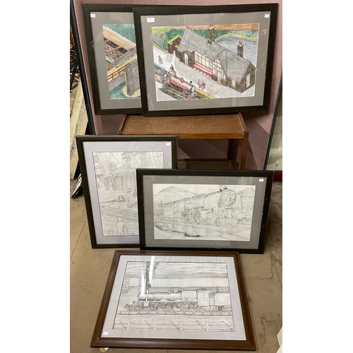 450 - Five railway themed pencil sketches, framed