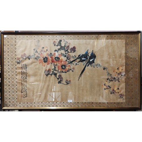 438 - A large Chinese still life with birds amongst foliage, watercolour on pith, framed