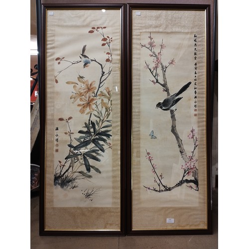 439 - A pair of large Chinese still lifes, birds amongst foliage, watercolour on pith, framed