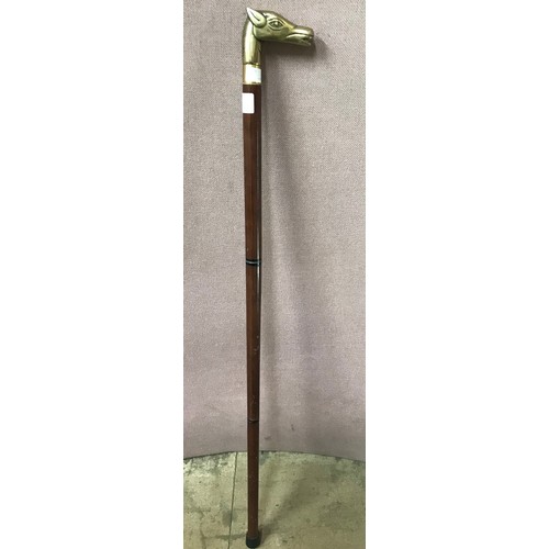 401B - A brass horse head handled walking cane, with flask