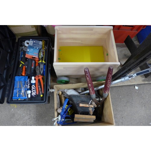 5294 - Two boxes and a tool box of assorted hand tools including spanners, screwdrivers, hammers, etc