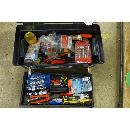 5294 - Two boxes and a tool box of assorted hand tools including spanners, screwdrivers, hammers, etc