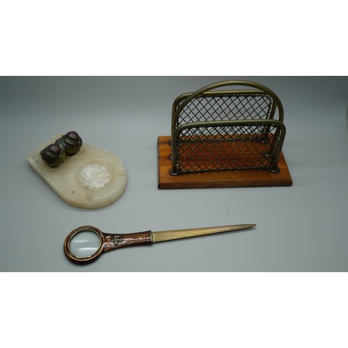 2011 - A letter rack, a letter opener/magnifier with fleur-de-lys detail and a cold painted birds ashtray