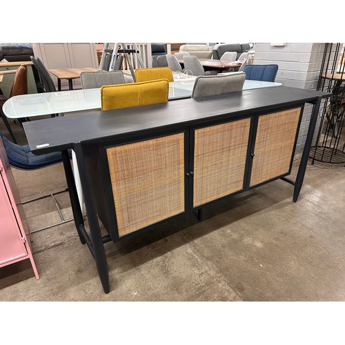 3075 - A large blue painted sideboard with wicker doors