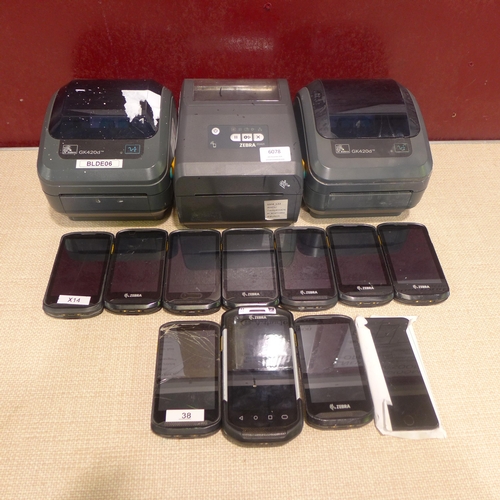 6078 - Three Zebra label printers a quantity of Zebra handheld scanners and an iPhone (467) *This lot is su... 