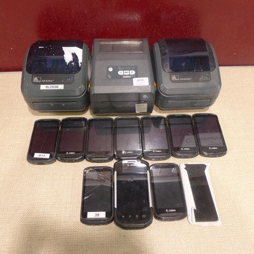 6078 - Three Zebra label printers a quantity of Zebra handheld scanners and an iPhone (467) *This lot is su... 