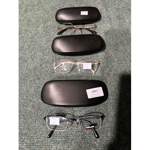 6067 - Three pairs of glasses in cases to include: Stepper  Pink Cry Plastic glasses (damaged frame) Kirkla... 