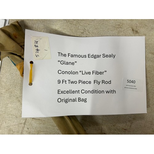 5040 - A collectible Edgar Sealey “Glane” Conolon live fiber 9ft two piece fly rod with original bag and an... 