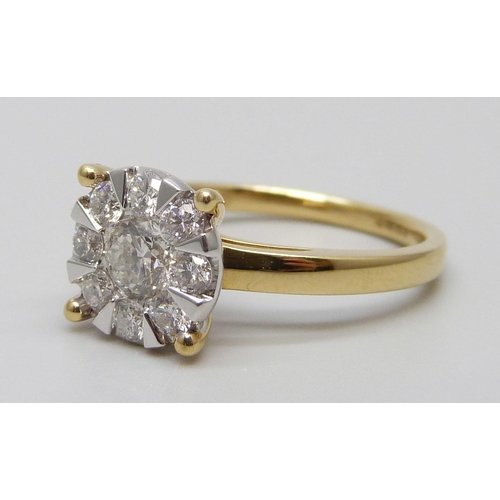 7037 - An 18ct gold and diamond ring, set with nine diamonds, the shank marked 1.00, 5.3g, P, ring top 10mm... 