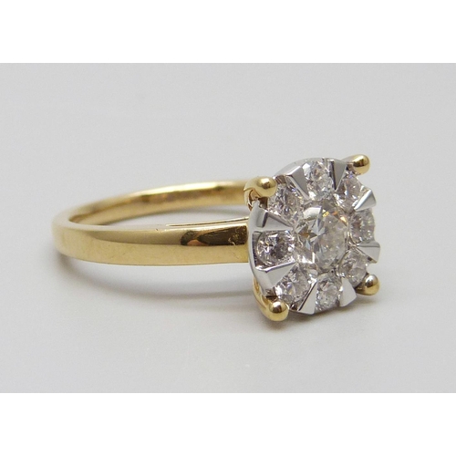 7037 - An 18ct gold and diamond ring, set with nine diamonds, the shank marked 1.00, 5.3g, P, ring top 10mm... 