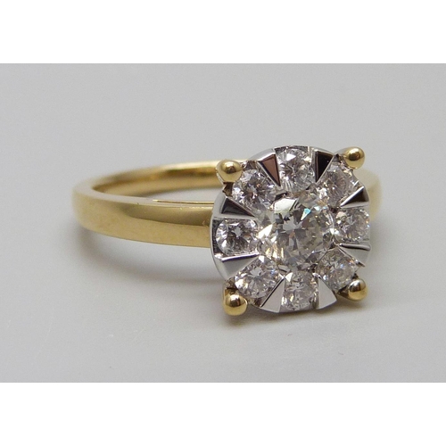 7037 - An 18ct gold and diamond ring, set with nine diamonds, the shank marked 1.00, 5.3g, P, ring top 10mm... 