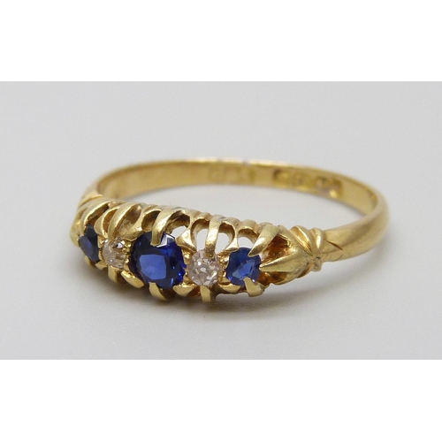 7041 - A late Victorian 18ct gold, diamond and sapphire ring, 2.6g, N