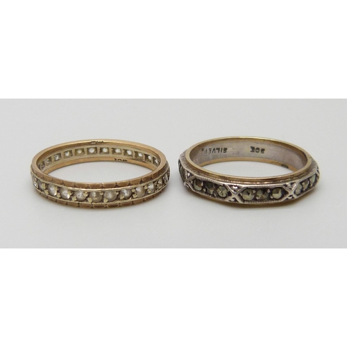 7052 - Two 9ct gold and silver eternity rings, the marcasite example lacking one stone, total weight 3.8g, ... 