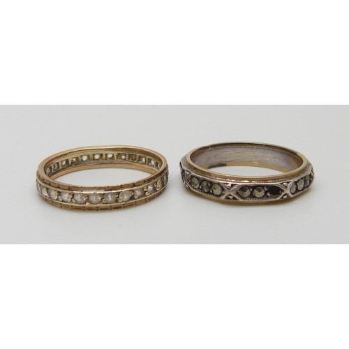 7052 - Two 9ct gold and silver eternity rings, the marcasite example lacking one stone, total weight 3.8g, ... 