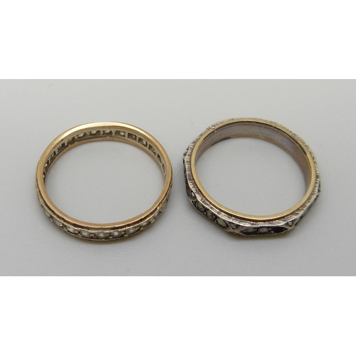 7052 - Two 9ct gold and silver eternity rings, the marcasite example lacking one stone, total weight 3.8g, ... 