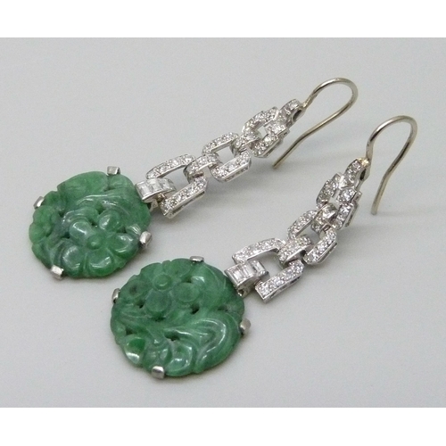 7071 - A pair of Art Deco jade and diamond drop earrings, (XRF tested as platinum, hook wires are 18ct whit... 