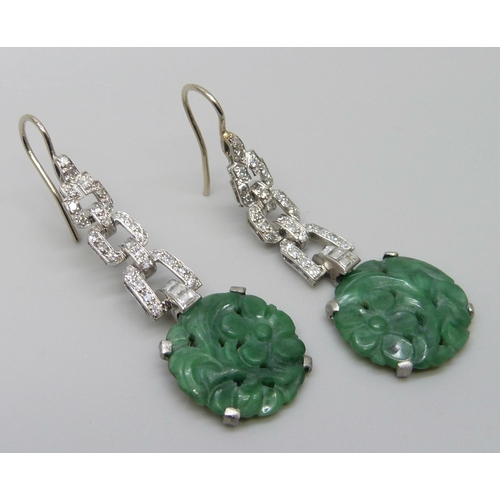 7071 - A pair of Art Deco jade and diamond drop earrings, (XRF tested as platinum, hook wires are 18ct whit... 