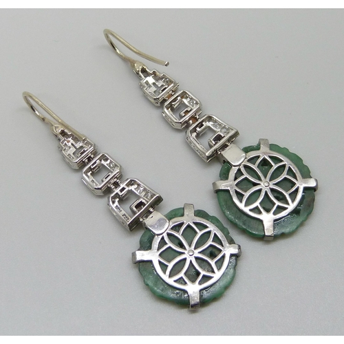 7071 - A pair of Art Deco jade and diamond drop earrings, (XRF tested as platinum, hook wires are 18ct whit... 