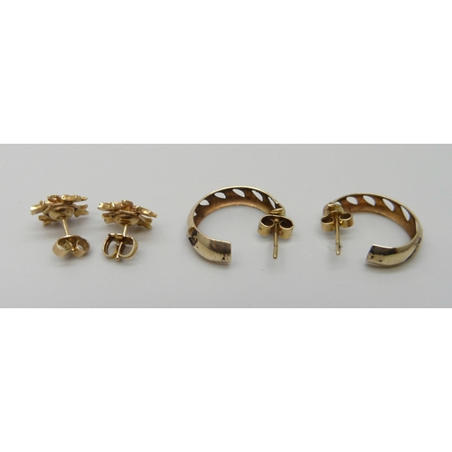 7085 - Two pairs of 9ct gold earrings - studs and hoops, 3.7g total weight