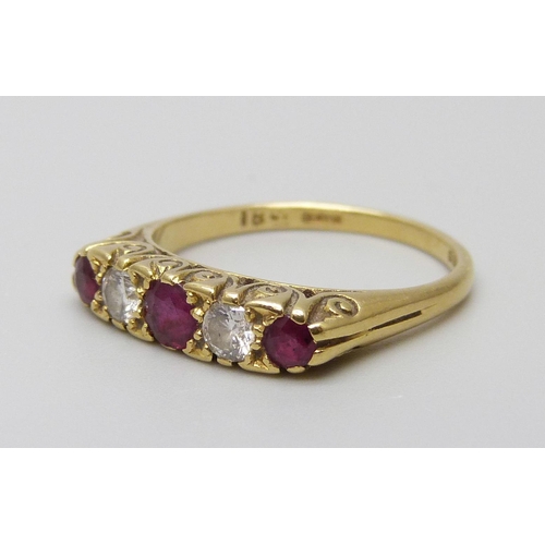 7087 - A Victorian 18ct gold, ruby and diamond ring, 3.5g, N