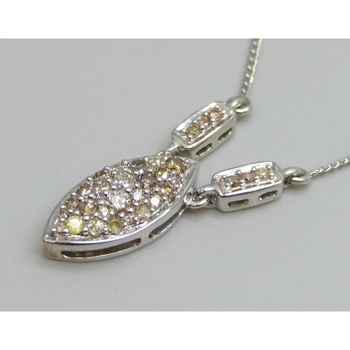 7095 - A multi coloured diamond set silver pendant on chain, 4g