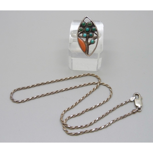 7117 - A silver Navajo style ring, marked Zun W & V Sanchez, and a silver necklace