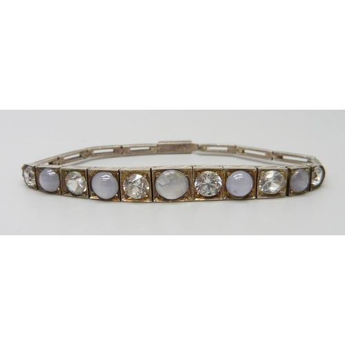 7119 - A white metal, chalcedony and white spinel set bracelet, 11.5g, 16.5cm